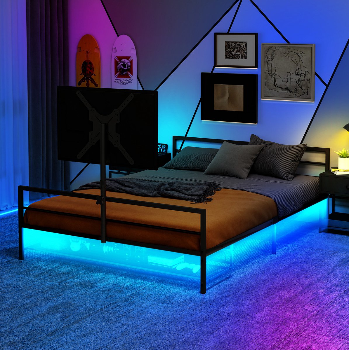 REDOM - Bedframe - Met LED-verlichting en monitorhouder - Met opbergruimte - Metalen constructie - Gamingstijl - Slaapkamer - Zwart - 206 x 95 cm
