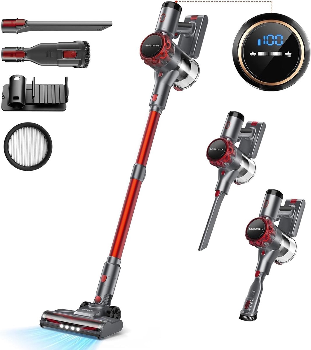 Draadloze Steelstofzuiger, Snoerloze Stofzuiger, Handstofzuiger 6-in-1, 300 W, 40 kPa, LED-display, Rood-Grijs, Steelstofzuiger met Accu, Anti-klit Borstel, H10 HEPA-filter, 5-laags Filtratie, voor Vloeren, Tapijt, Meubels en Auto