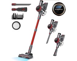 Draadloze Steelstofzuiger, Snoerloze Stofzuiger, Handstofzuiger 6-in-1, 300 W, 40 kPa, LED-display, Rood-Grijs, Steelstofzuiger met Accu, Anti-klit Borstel, H10 HEPA-filter, 5-laags Filtratie, voor Vloeren, Tapijt, Meubels en Auto