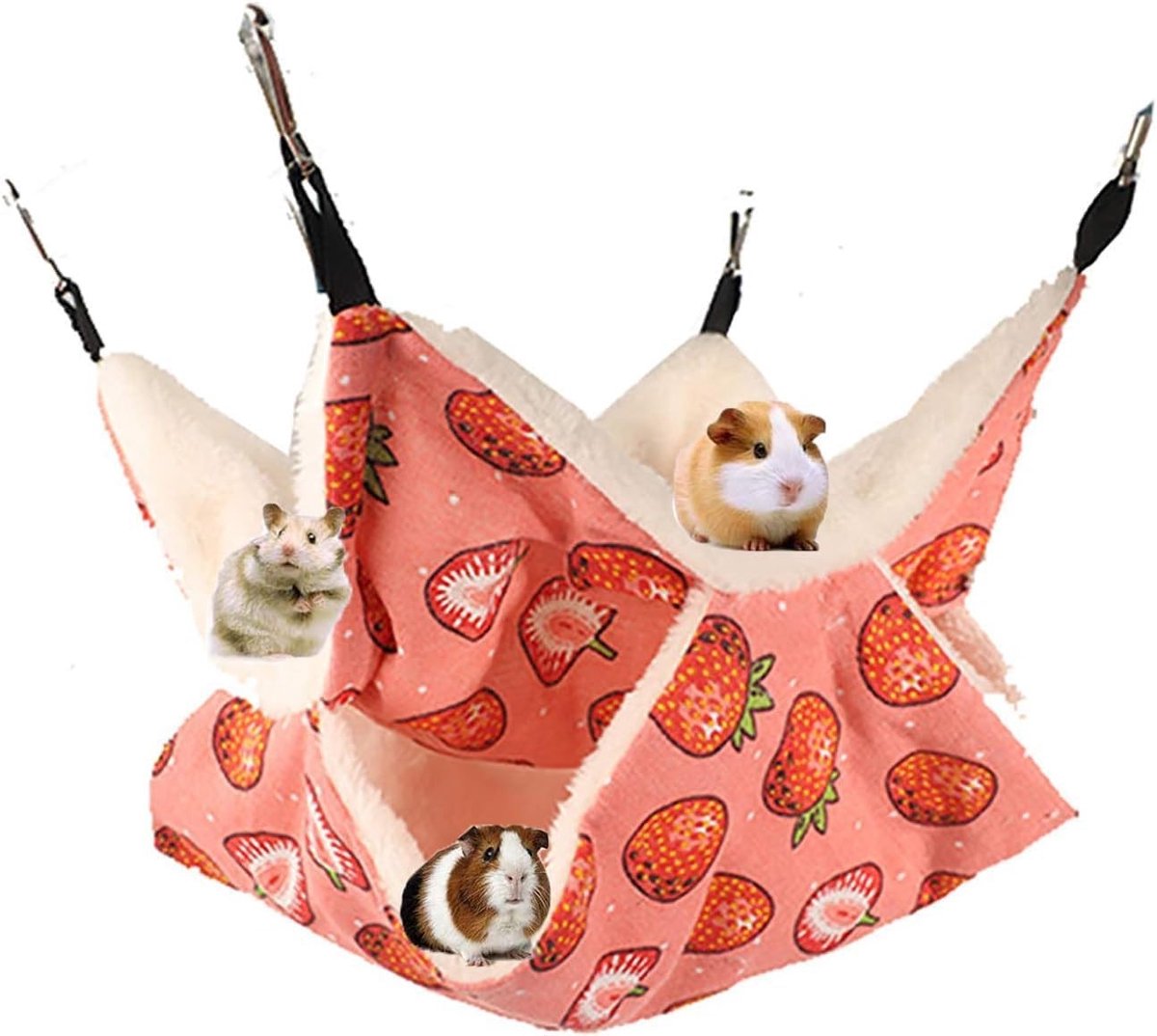 Dubbele Laag Hangmat voor Kleine Dieren, Geschikt voor Cavia's, Ratten en Fretten, Met Tunnel en Schuilplek, 35 x 35 cm, Roze Aardbeienpatroon, Ideaal voor Huisdieren