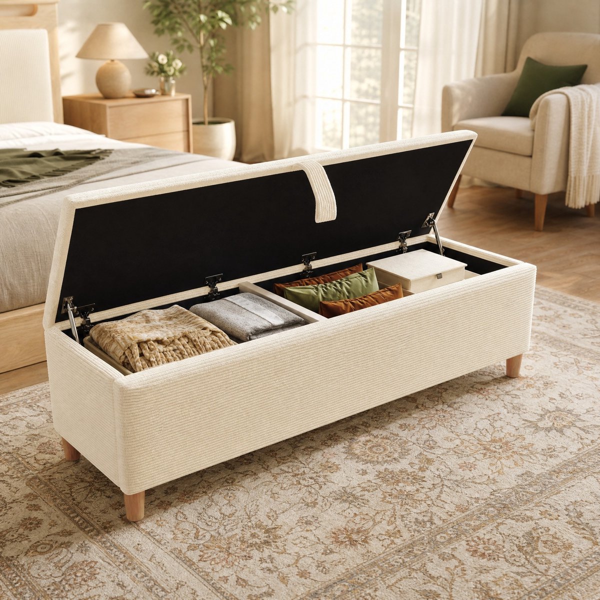 REDOM - Bedframe met opbergruimte - Hoofdbord met LED-verlichting - Inclusief bedbank met opbergruimte - Hout, Stof, MDF, Spaanplaat - Beige - 180 x 200 cm