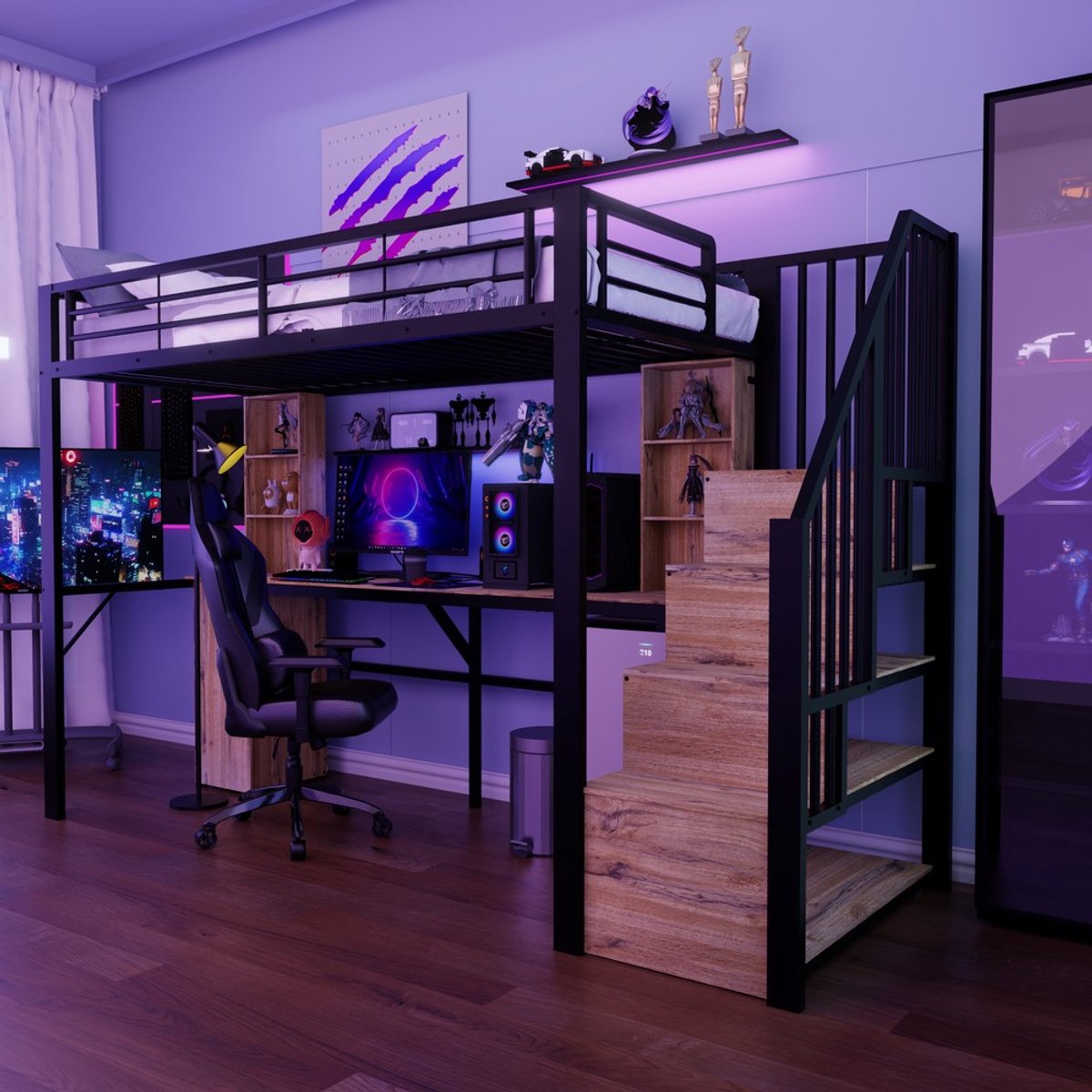 KOMHTOM Metalen hoogslaper, 90 x 200 cm, met stevige ijzeren constructie, praktisch bureau, opbergvakken, kast, opbergtrap en USB-oplaadaansluiting op het bureau – zonder matras, in zwart