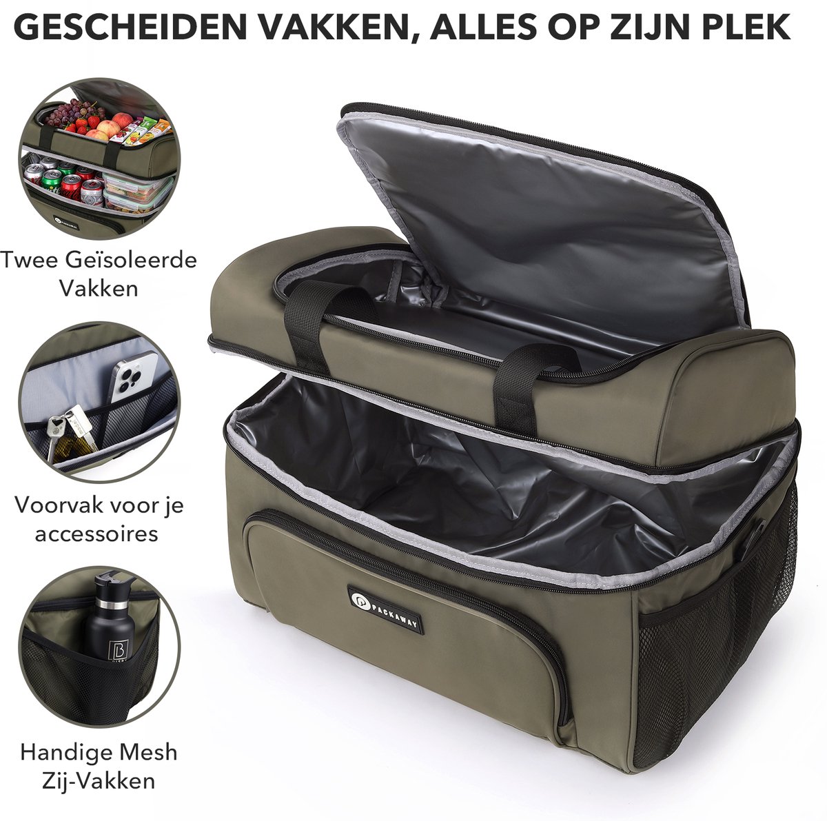 Packaway Koeltas 30L - Lunchtas - Inclusief 4 Koelelementen - Dubbel Compartiment - 4-Laags Geïsoleerd - Waterafstotend - Olive Green — cadeau in Sport & Outdoor - foto 4