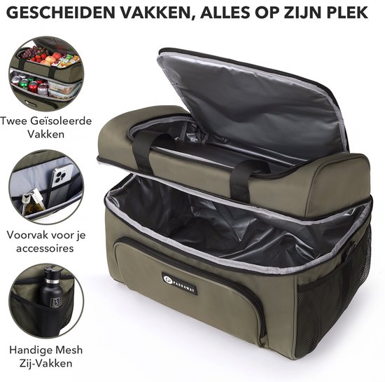 Packaway Koeltas 30L - Lunchtas - Inclusief 4 Koelelementen - Dubbel Compartiment - 4-Laags Geïsoleerd - Waterafstotend - Olive Green van Packaway — afbeelding 4