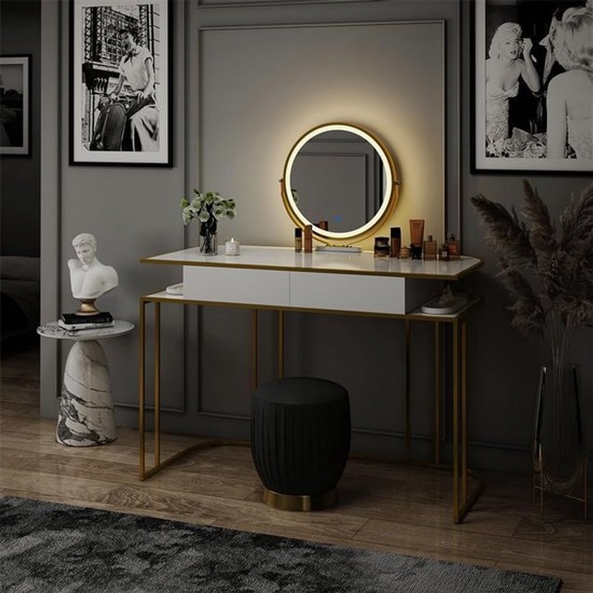 Elegante Kaptafel met Verstelbare LED Spiegel en Opbergruimte Witgoud