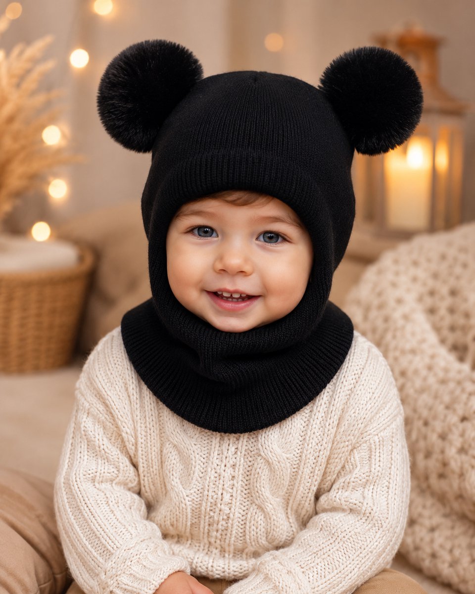 Gebreide muts met twee pompons en nekwarmer voor kinderen 1-6 jaar, zwart