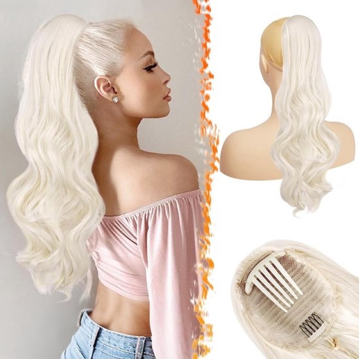 Getailleerde Paardenstaart Extensions Platinablond 50cm Golvend Clip-in Haarverlenging Naturel