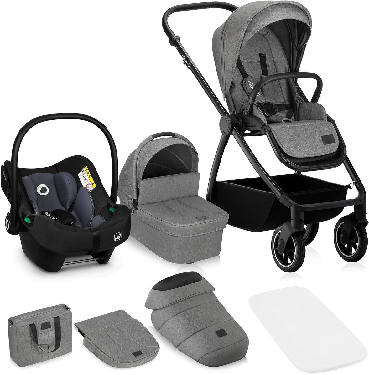 Kinderwagen 3-in-1 - Reiswieg Buggy - Veilig Onderweg - ADAC Gecertificeerd Autostoel - Tot 22kg - Grijs