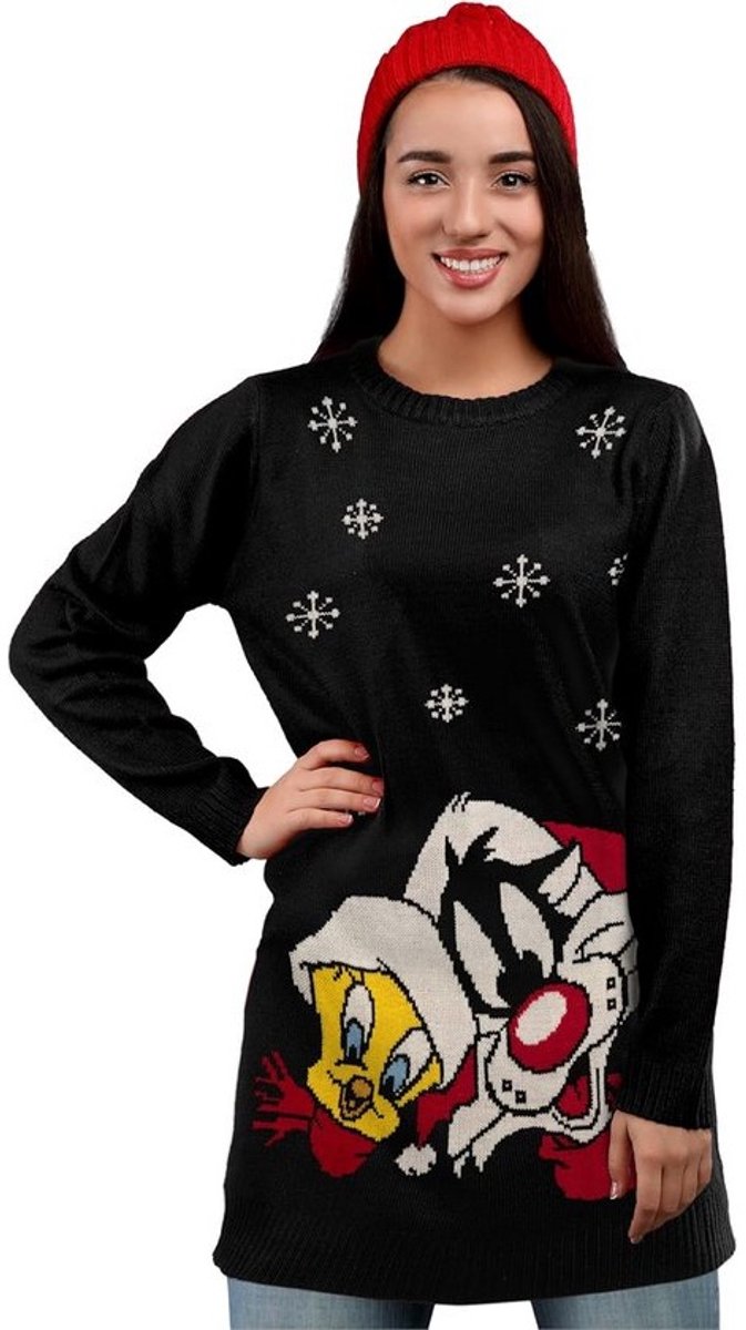 Gebreide Dames Jurk met Feestelijk Print - Comfortabele Winter en Kersttrui Jurk