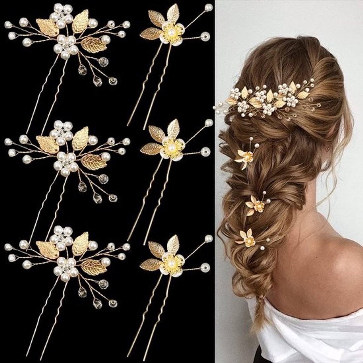 Elegante gouden bruids haarclips met kristallen en parels – set van 6 voor bruiloften en feesten