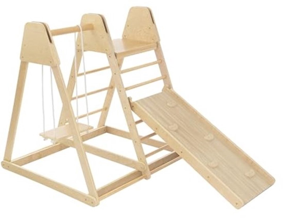 Multifunctioneel Klimspel 3-in-1 voor Kinderen met Trampoline, Schommel en Ladders - Houten Speeltoestel voor Binnen