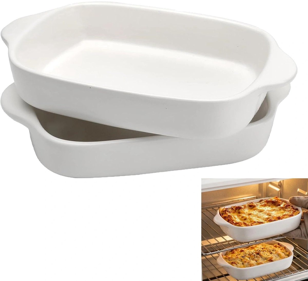 Keramische Ovenschaal - 2-delige set rechthoekig met handvatten - Krasbestendig, hittebestendig & vaatwasserbestendig - Wit, 600 ml