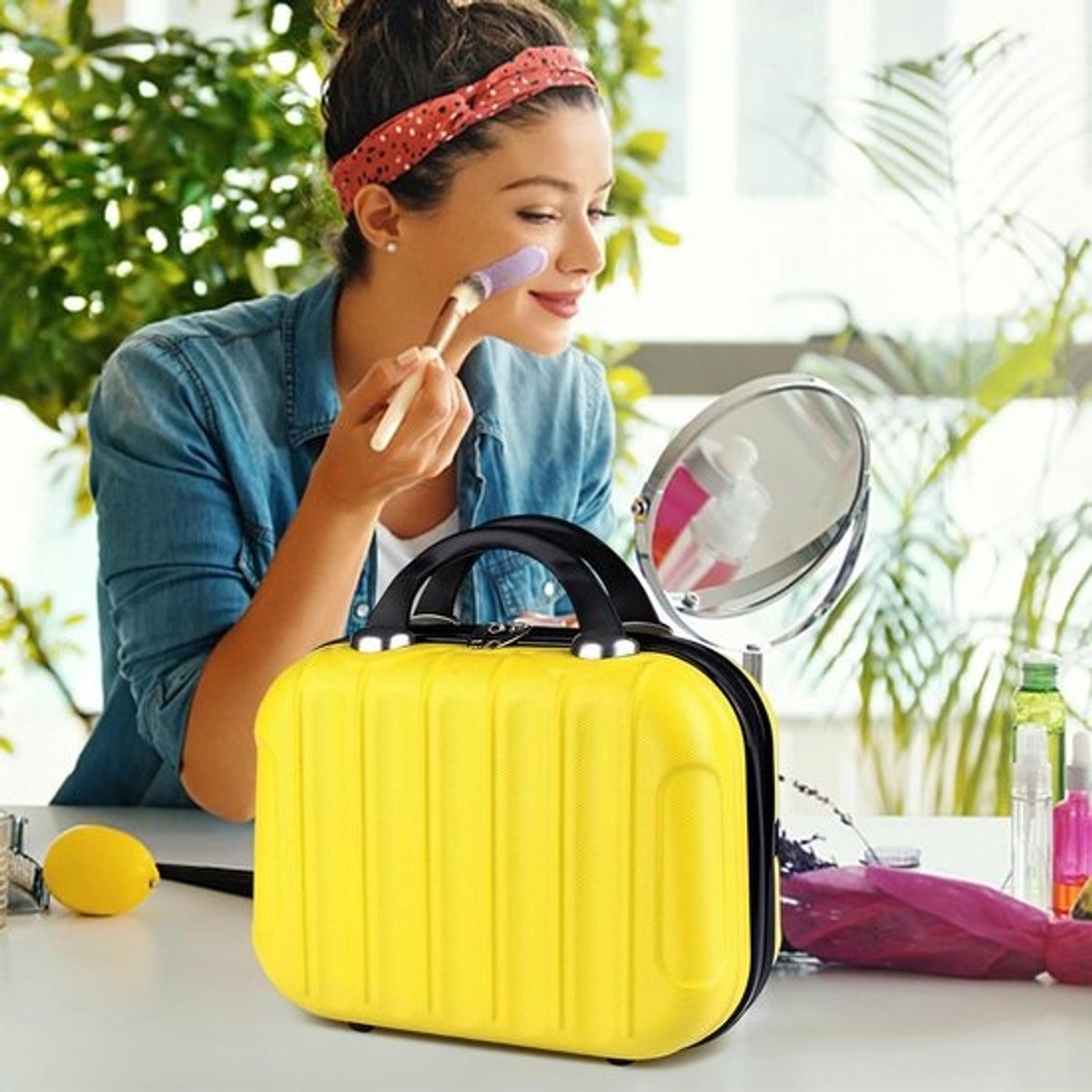 14 inch Mini Cosmetische Koffer - Draagbare Waterdichte Beauty Case met Elastische Band - Lichtgewicht ABS Toilettas in Citroengeel