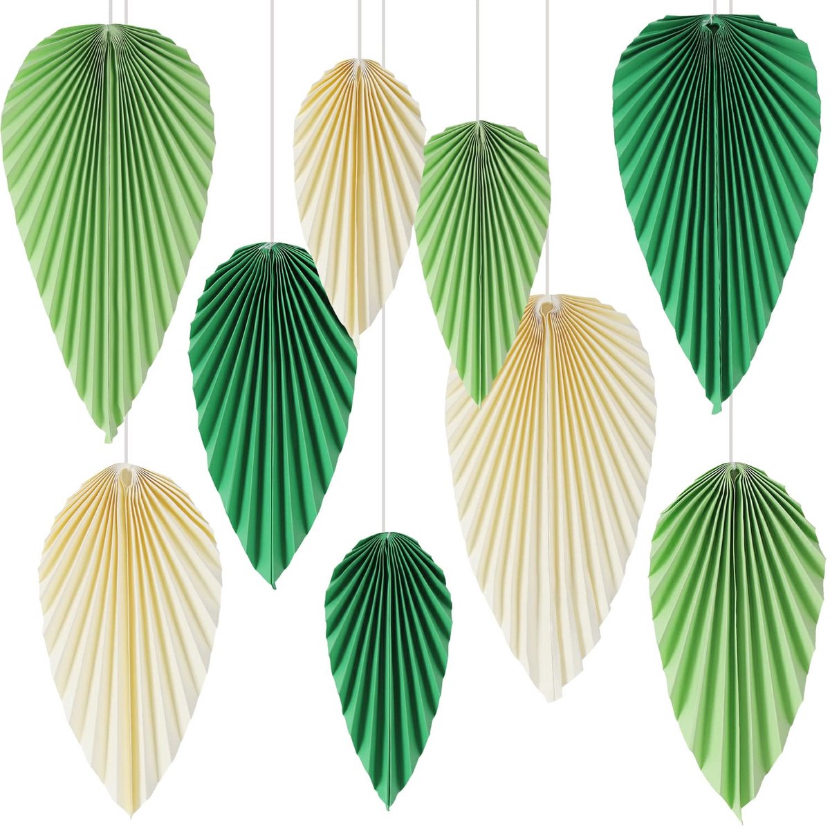 9 Stuks Papieren Waaiers & Slinger Set - Bladmotief Groen Lichtgeel - Voor Feestdecoratie, Bruiloft, , Theekransje, Klaslokaal, Babyshower Achtergrond