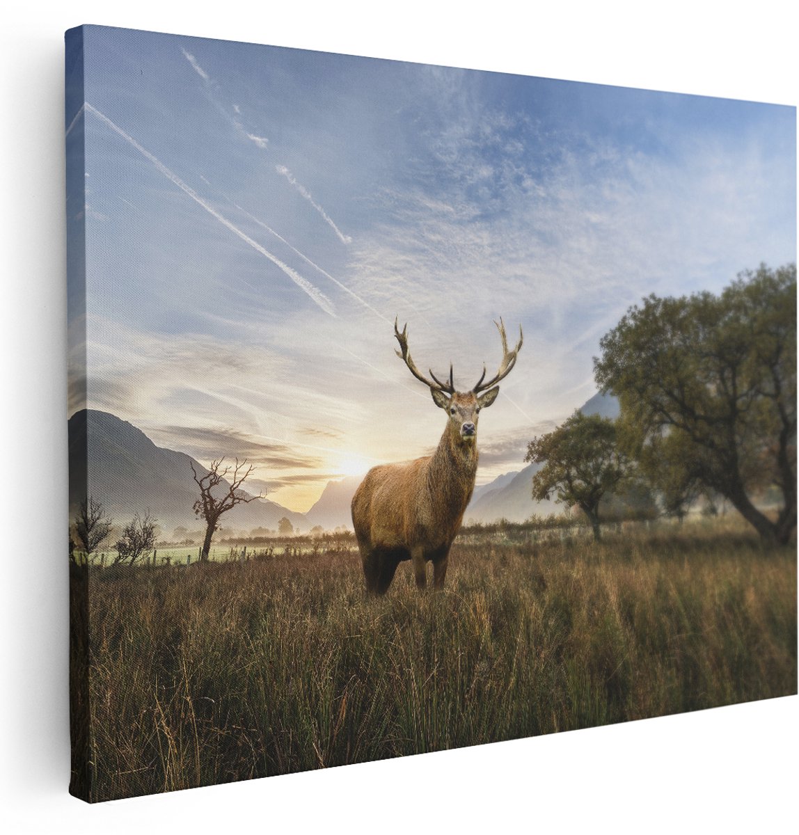 Artaza Canvas Schilderij Hert In Het Landschap - 160x120 cm - Groot - Wanddecoratie Woonkamer - Schilderijen - Muurdecoratie