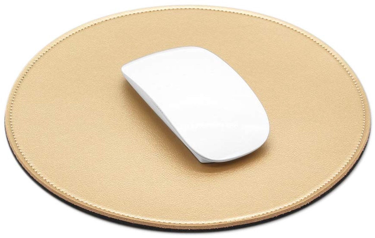 PU-leren Muismat - Waterdicht - Met gestikte randen en antislip onderzijde - Voor thuis, kantoor, gaming, computer en laptop - Goud - Rond Ø 220 mm
