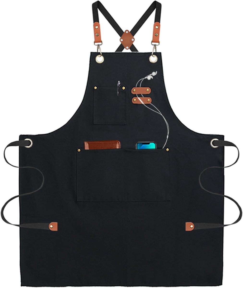 Umboom Zwarte Chef-schorten, Canvas Werkschort voor Mannen Vrouwen met Verstelbare Band en 3 Zakken, Perfect voor - ShopVlot