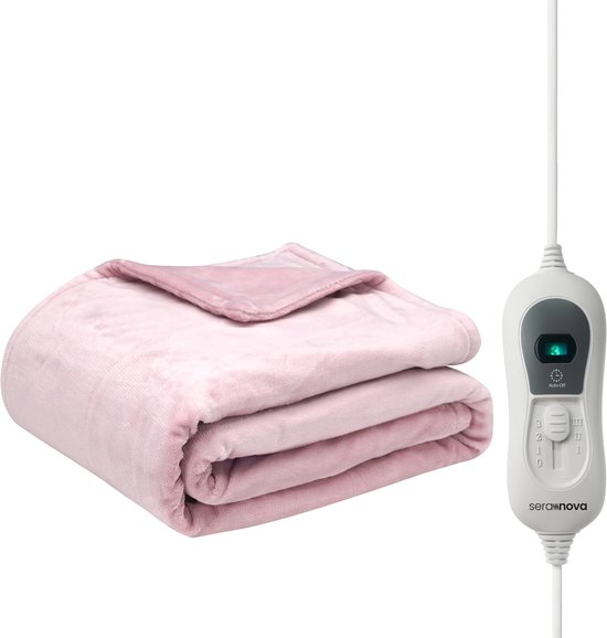 Opgevouwen roze elektrische deken met dubbelzijdige fleece stof en een grijze afstandsbediening met digitaal display.