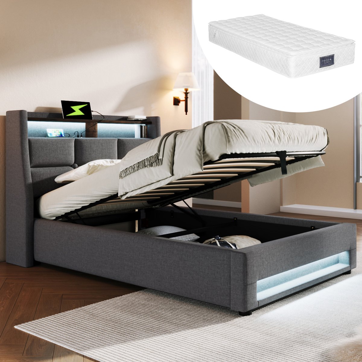 Wishdor Eenpersoonsbed 90x200 cm - Met LED verlichting en USB aansluiting - Met opbergruimte en lattenbodem - Grijs stoffen bedframe voor slaapkamer