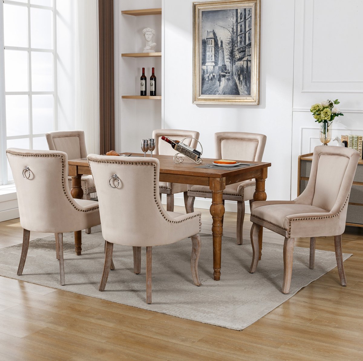 Wishdor Eetkamerstoel set van 6 - Met armleuningen en hoge rug - Gestoffeerd en stabiel - Klassiek design - Woonkamer eetkamer keuken - Hout - Beige - 55 x 61 x 91 cm