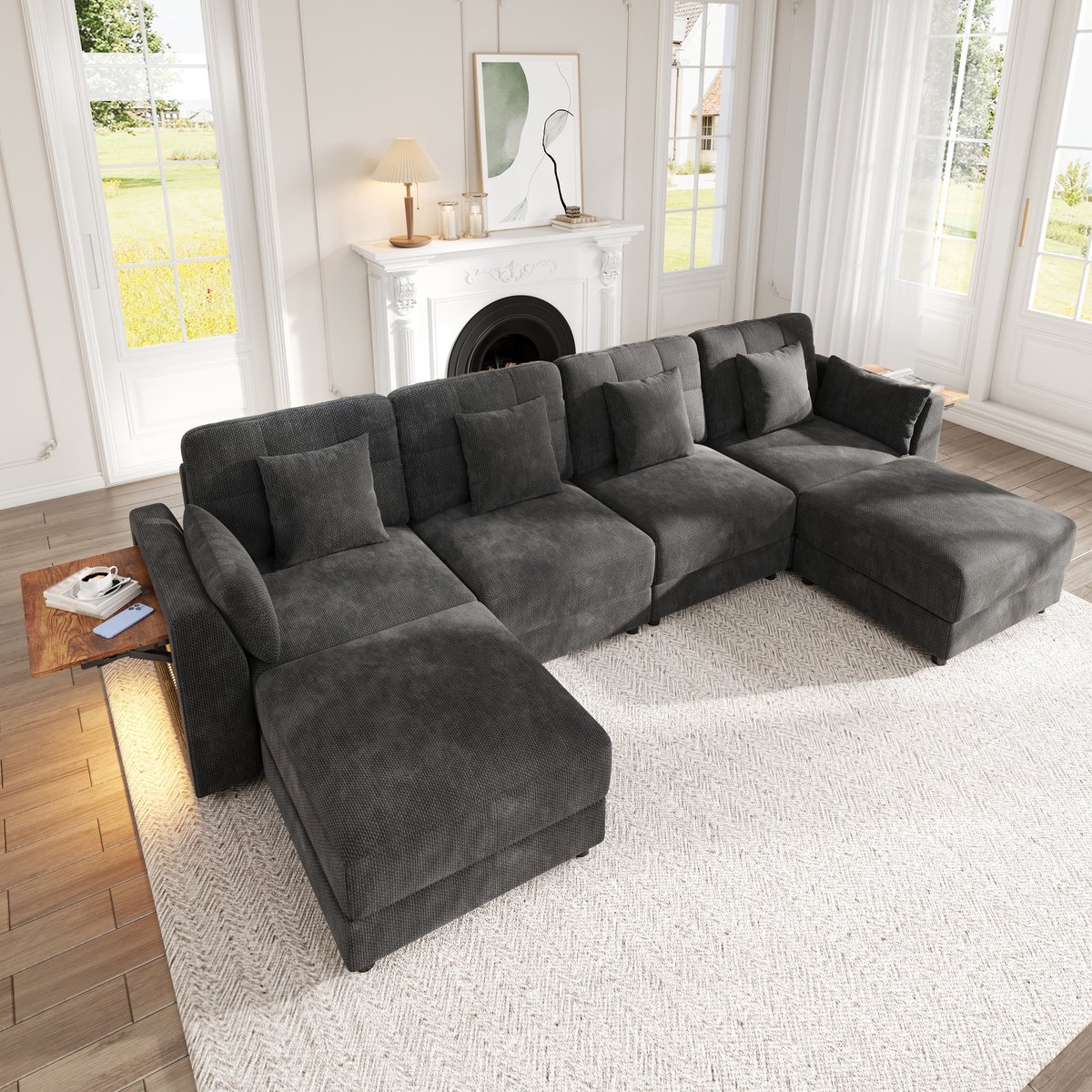 MODENUIT U-bank 292 cm - Modulair Met 2 Verplaatsbare Hockers En Opklaptafel - Woonkamer - Chenille Grijs
