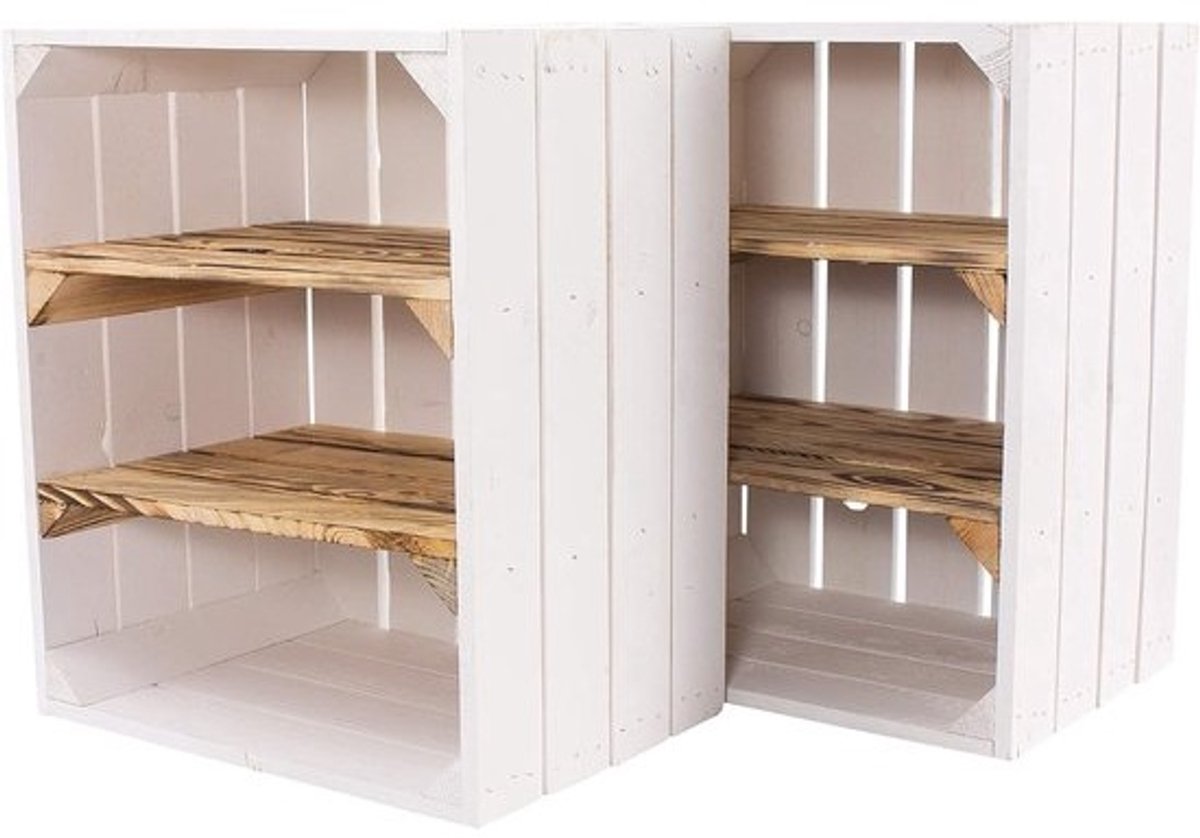 Houten Opbergkist - Wijnkist Kast - Keuken Woonkamer - Met 2 Planken - 50x40x30cm - Wit Gevlamd