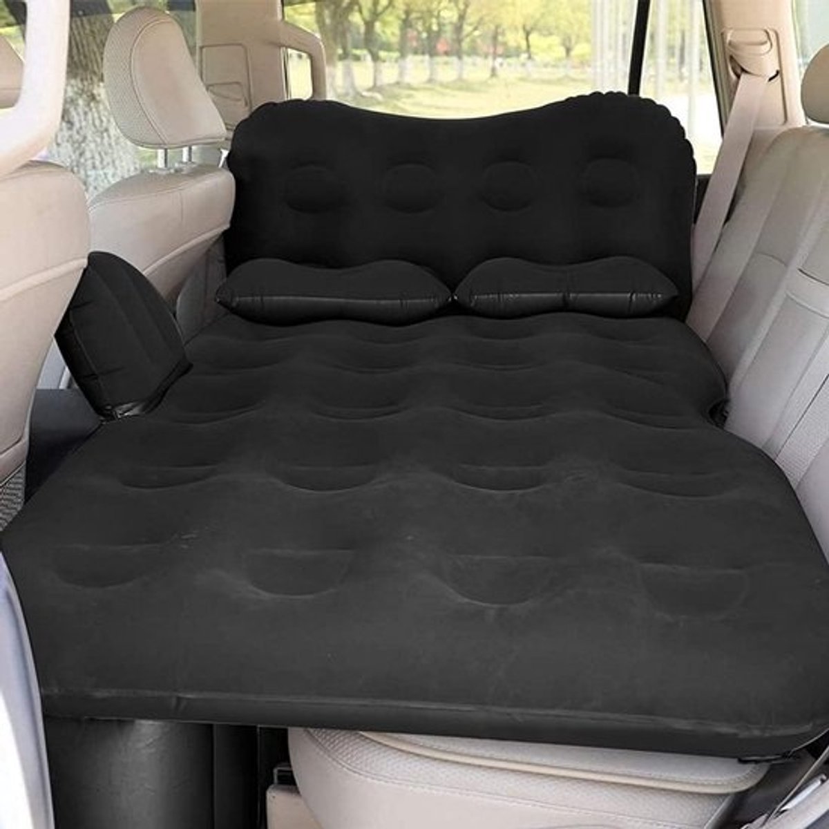 Opblaasbaar Auto Luchtmatras - Dikke Camping Bed Slaap Pad met Auto Luchtpomp en 2 Kussens voor Auto Tent SUV Sedan Pickup Achterbank - Zwart