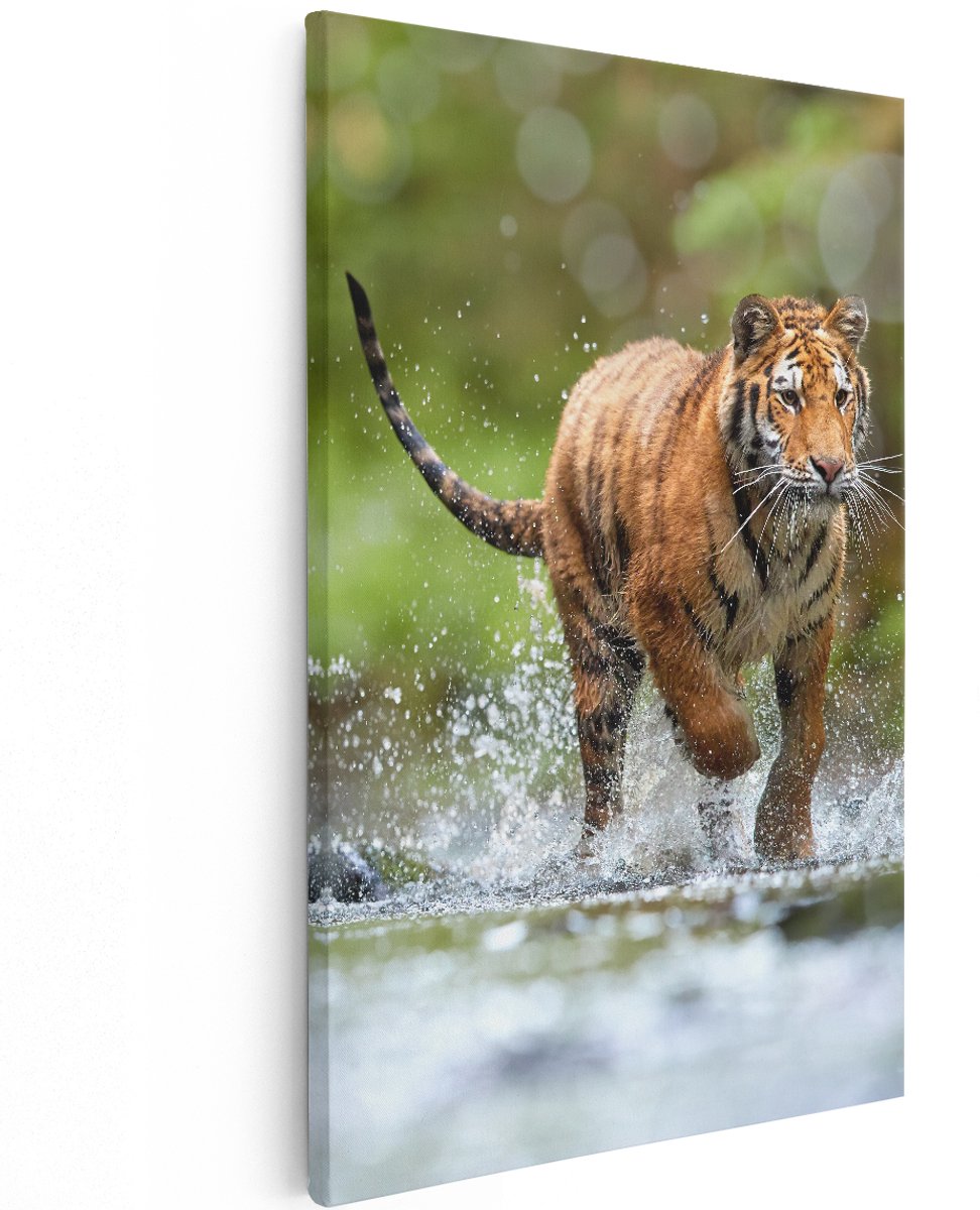 Artaza Canvas Schilderij Tijger Loopt In Het Water - 120x180 cm - Groot - Wanddecoratie Woonkamer - Schilderijen - Muurdecoratie