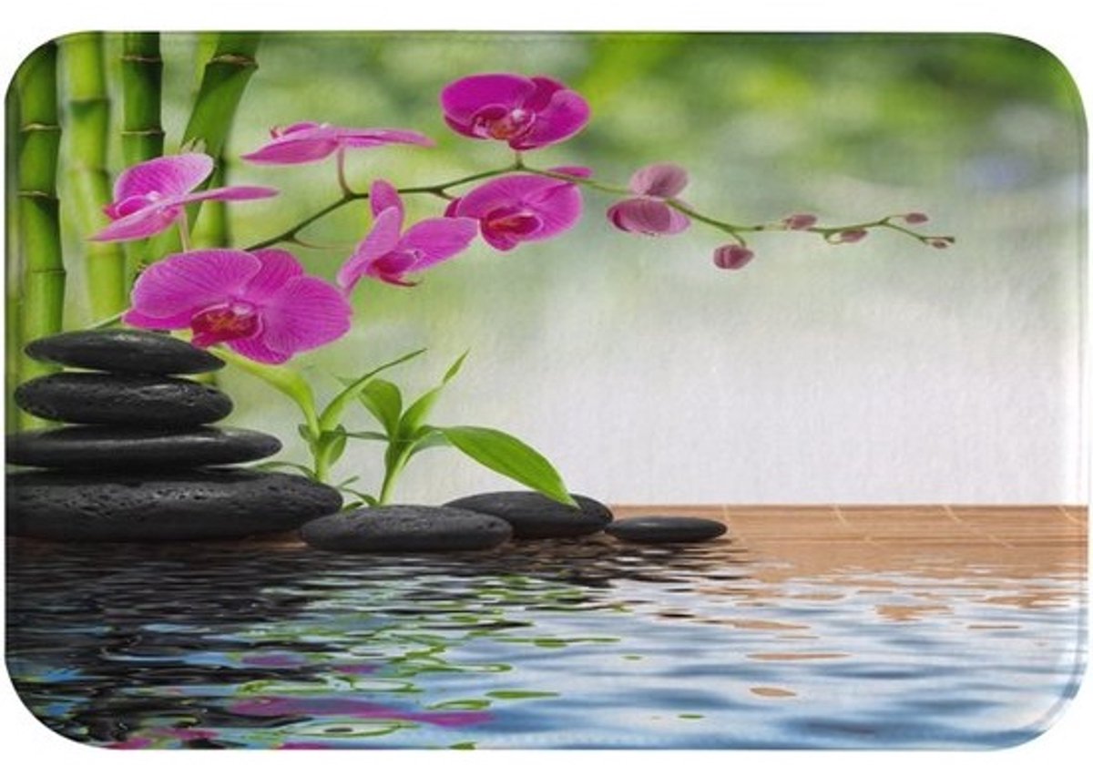 Antislip Waterabsorberende Wasbare Badmat - Groen met Roze Orchidee Bloem - Zacht Flanel Tapijt voor Badkamer, Douche en Slaapkamer 40x60cm