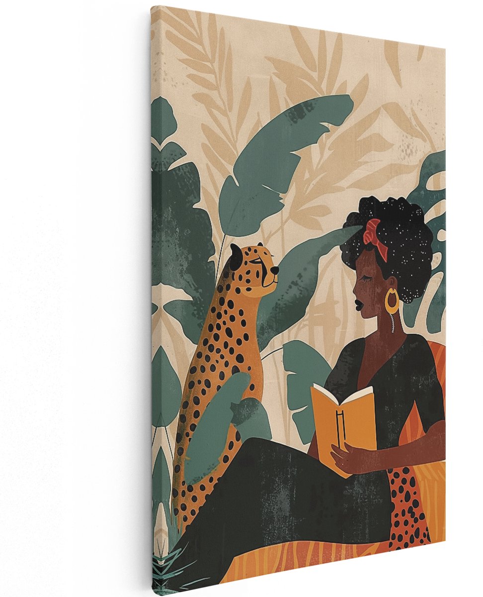Artaza Canvas Schilderij Vrouw Leest een Boek met een Cheetah - Dieren - 120x180 cm - Groot - Wanddecoratie Woonkamer - Schilderijen - Muurdecoratie