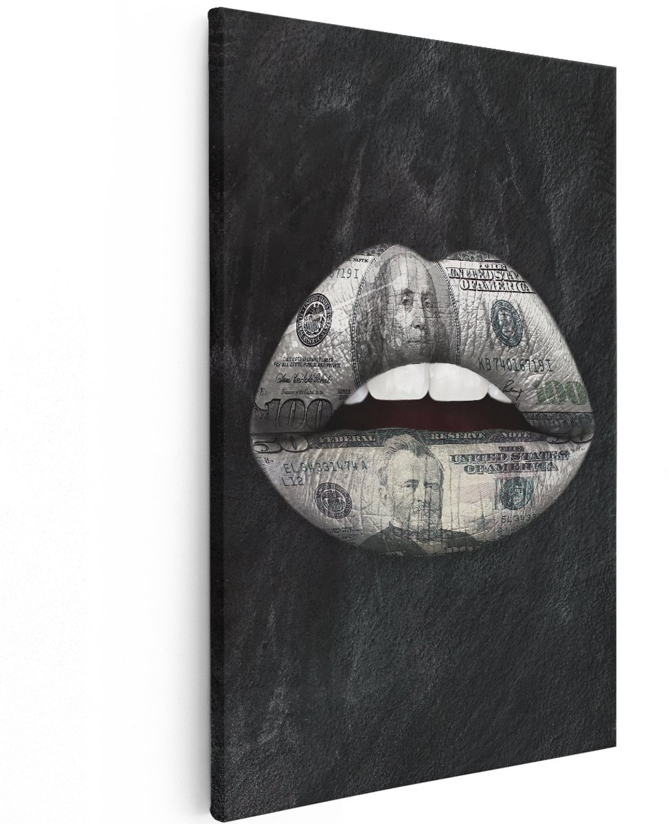 Artaza Canvas Schilderij Dollar Lippen op het Zwart - 120x180 cm - Groot - Muurdecoratie - Canvas Print