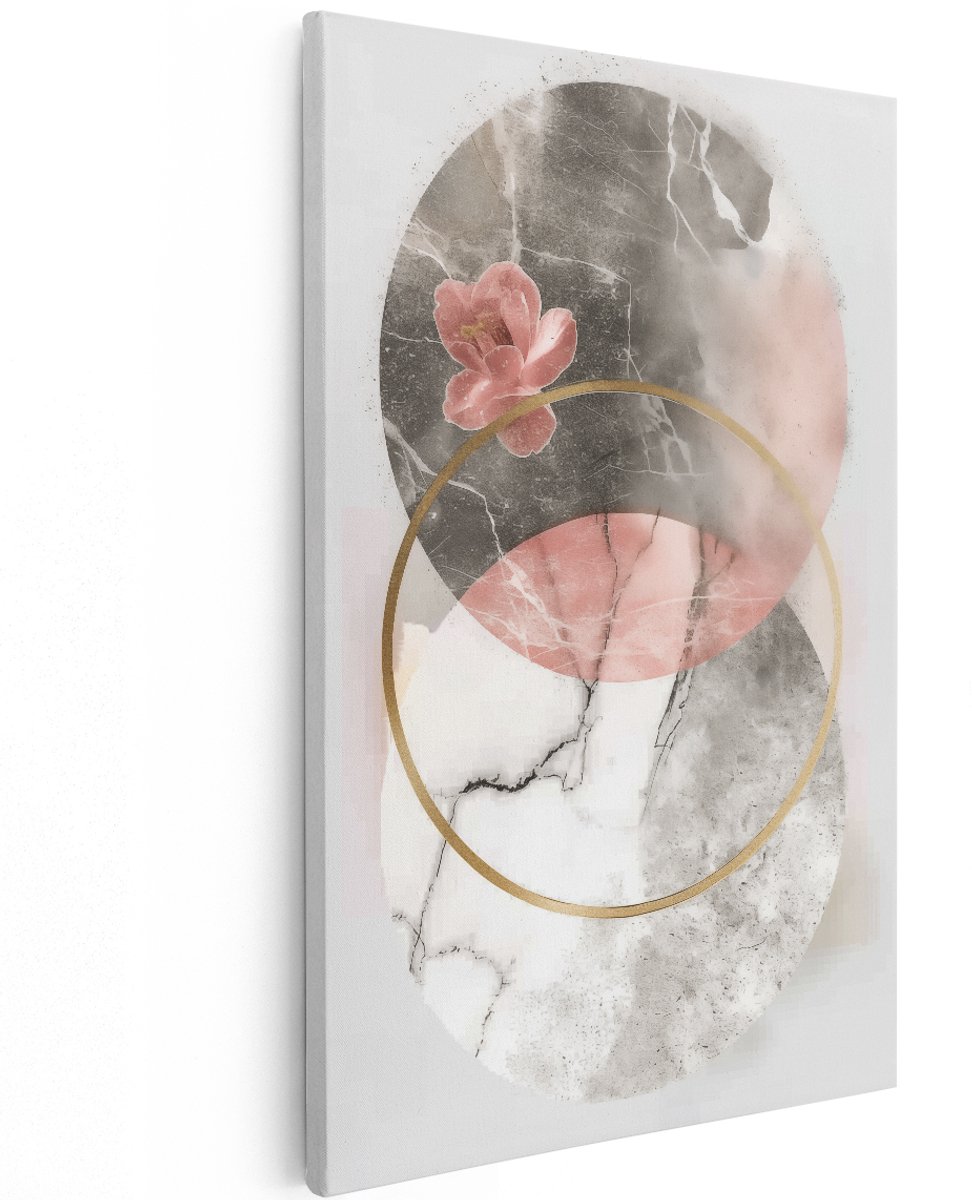 Artaza Canvas Schilderij Roze Bloem in een Marmeren Cirkel - Bloemen - 120x180 cm - Groot - Wanddecoratie Woonkamer - Schilderijen - Muurdecoratie