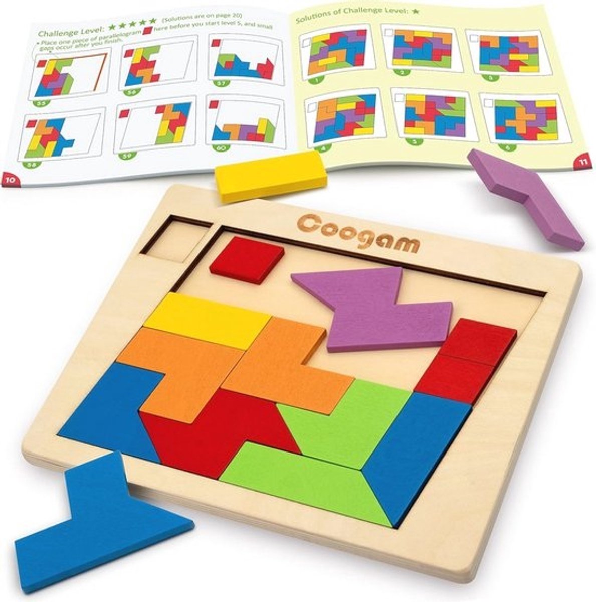 Houten Geometrische Puzzel Blokken - Tangram Logica IQ Spel voor Kinderen en Volwassenen - 60 Uitdagingen STEM Educatief Speelgoed