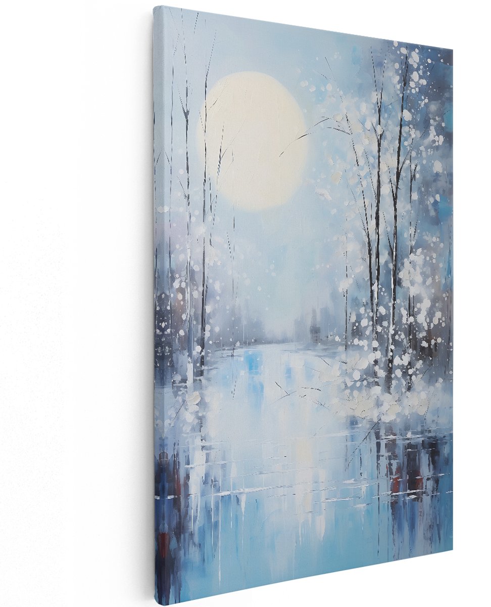 Artaza Canvas Schilderij Winter bij Volle Maan in het Bos - 120x180 cm - Groot - Foto Op Canvas - Wanddecoratie Woonkamer