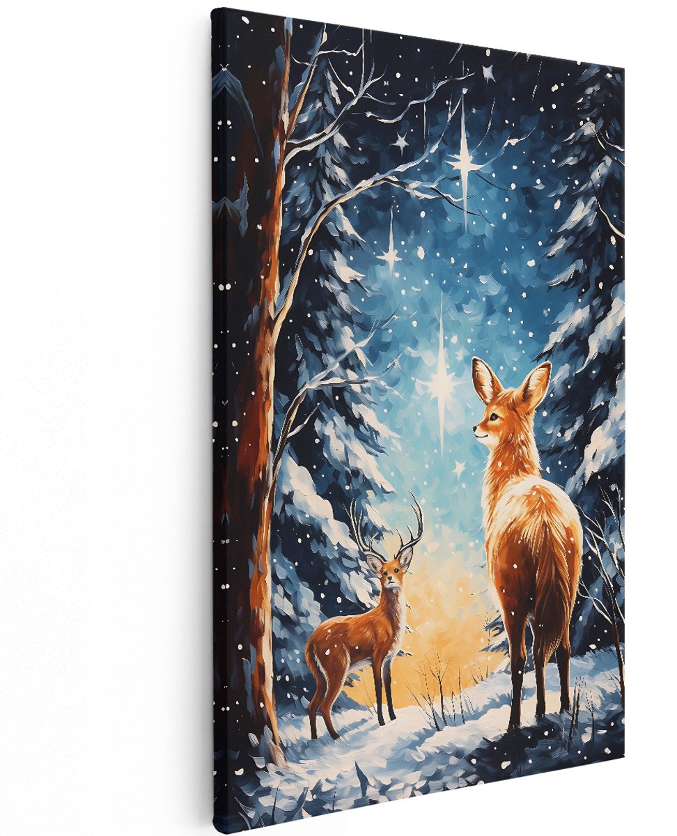 Artaza Canvas Schilderij Herten bij Vallende Sterren in het Bos - 120x180 cm - Groot - Foto Op Canvas - Wanddecoratie Woonkamer
