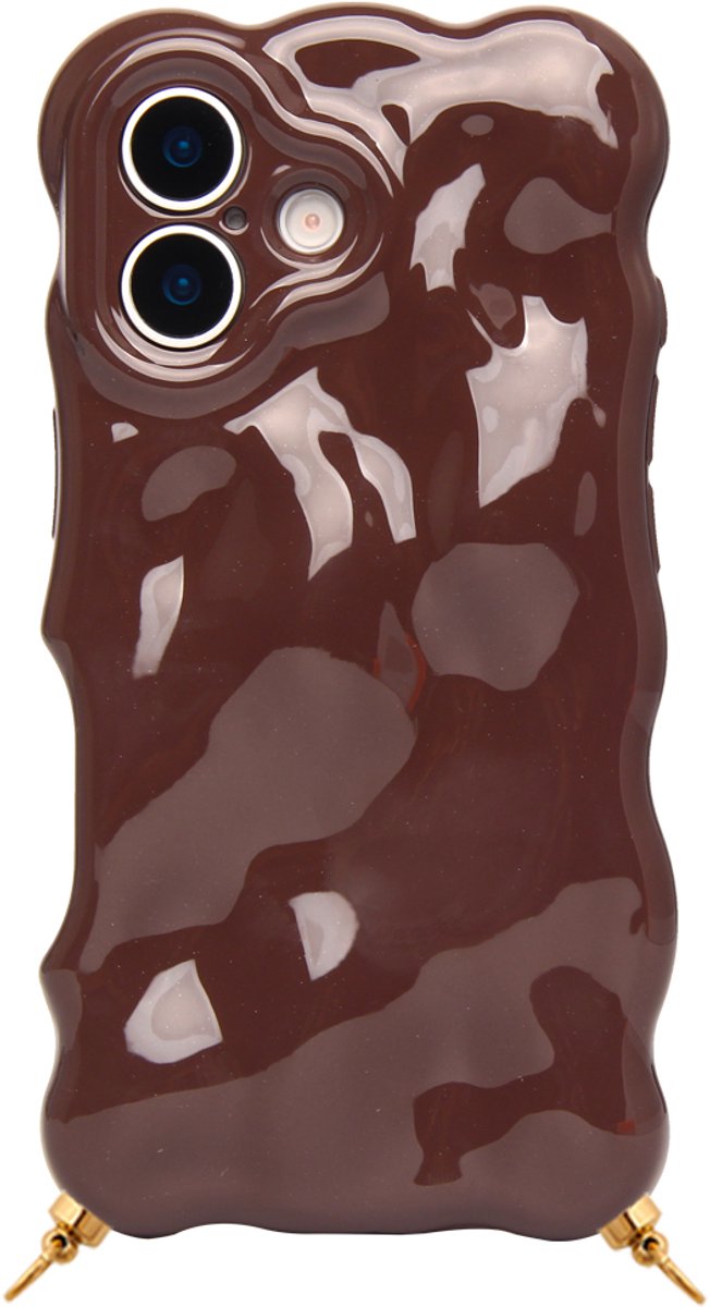 Casies Chocolate brown hoesje geschikt voor iPhone 16 met gouden hangers voor koord - Bordeaux rood wavy smartphone case