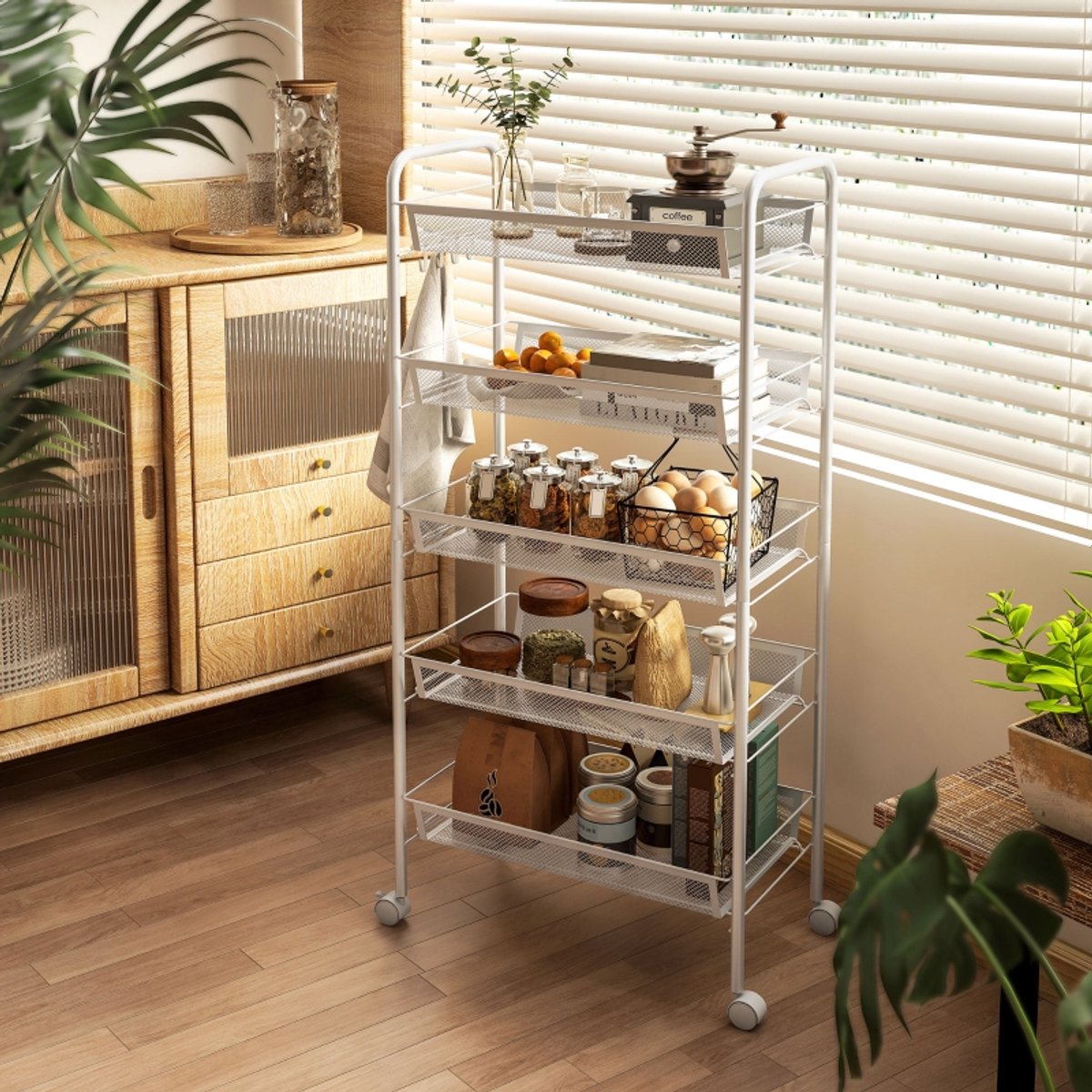 Keukenwagen 5 Lagen Met 4 Haken En 4 Wielen, Staal, Wit, 45 X 26,5 X 106 Cm, Compact Opbergrek Voor Keuken En Woonruimte