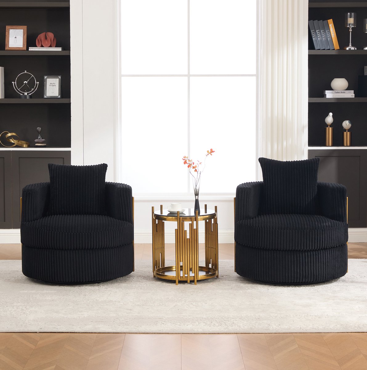REDOM - Fauteuil - 360° draaibaar - Opbergruimte onder zitting - Met armleuningen - Corduroy - Woonkamer en slaapkamer - Zwart - 76 x 79 x 78 cm