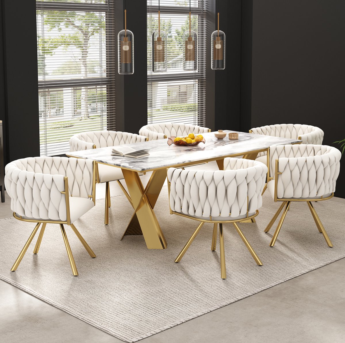 Wishdor Eetkamerstoel 6-delige set - Velvet kuipstoel - 360° draaibaar - Armleuningen - Design - Eetkamer woonkamer - Metalen onderstel - Beige goud - L 54 x B 59 x H 72 cm