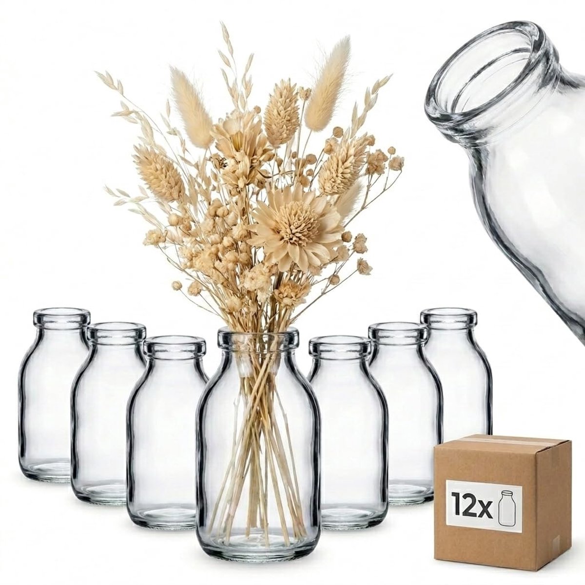 Famanu Set van 12 glazen vazen, ronde bloemenvazen, kleine decoratieve vazen voor thuis, bruiloften, verjaardagen en feesten Transparant