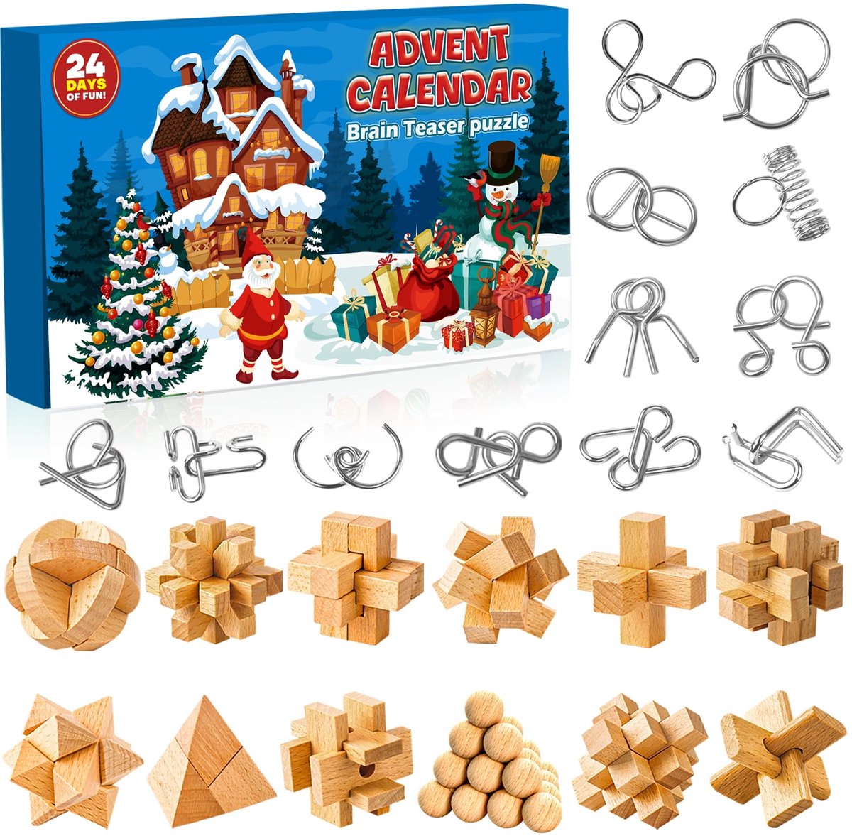 Famanu – Adventskalender 2025 voor kinderen, 24 dagen kerstkalender met cadeaus, puzzelspellen en metalen en houten brain teaser puzzels, kerstcadeau voor jongens, meisjes, tieners en volwassenen
