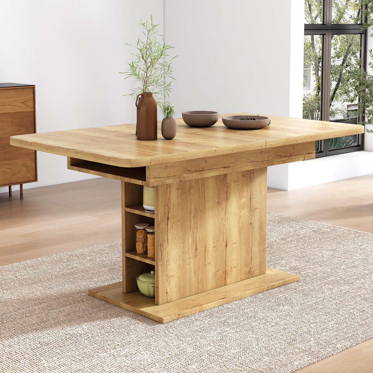 Wishdor Eettafel - Uitschuifbaar met opbergruimte - Rechthoekig en modern - Woonkamer eetkamer keuken - Houtlook naturel - 130 x 75 x 75 cm