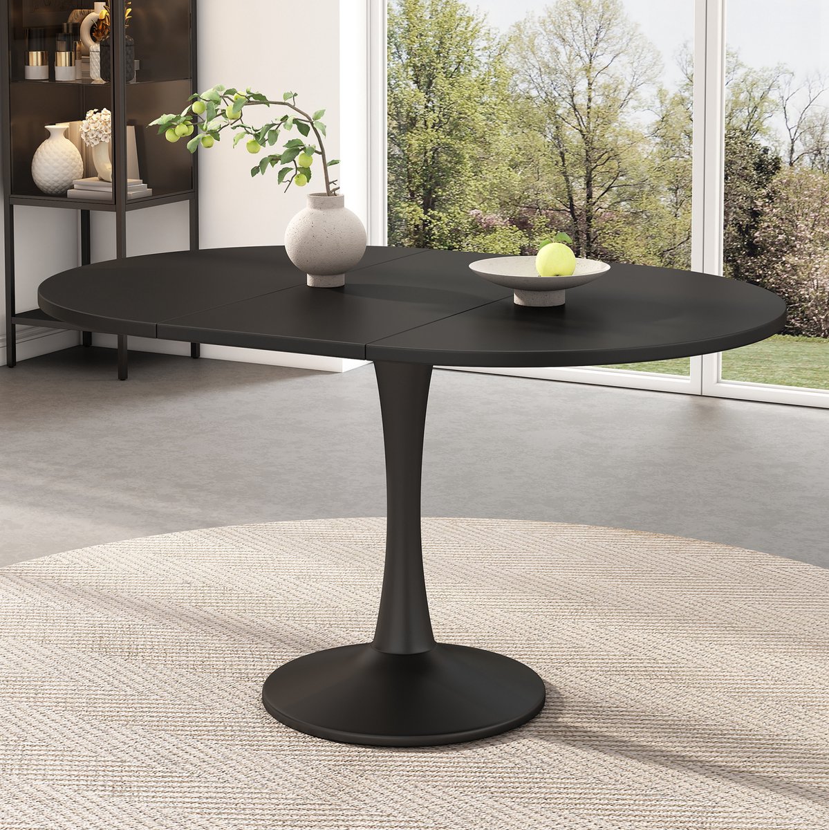 Wishdor Uitschuifbare eettafel - Ovale vorm en modern minimalistisch design - MDF en ijzeren onderstel - Voor eetkamer en koffiemomenten - Zwart - 140 x 100 x 75 cm