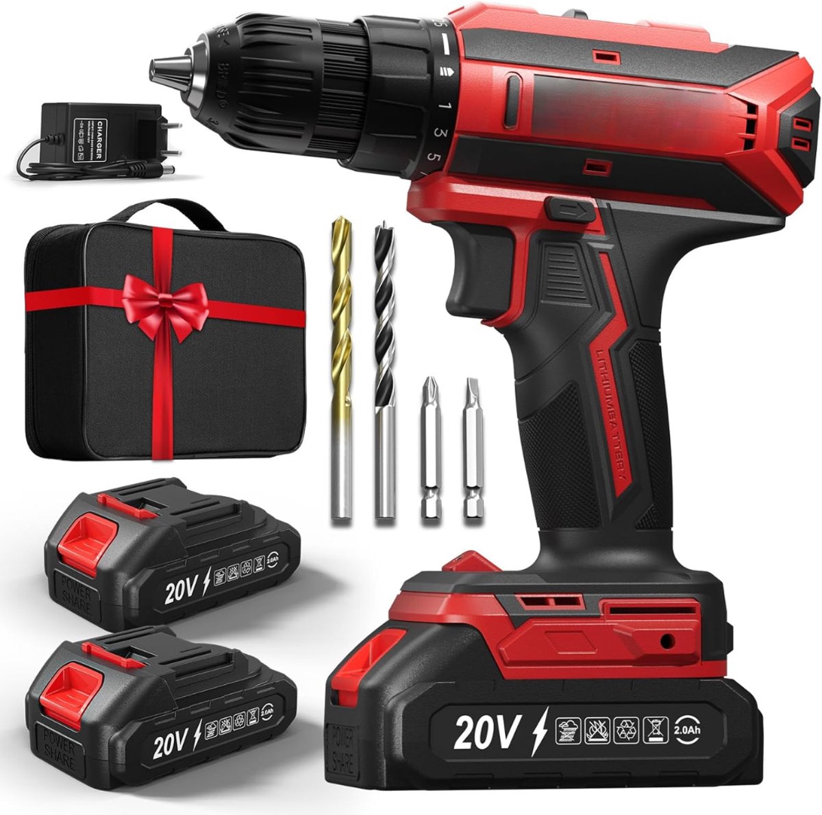 Lìon® Accuboormachine - Boormachine - Accu boormachine met Accu - Rood - 9cm x 22cm x 21cm