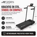Zwarte, compacte AJ-Sports loopband met inklapbare handgrepen, 2.5PK motor en afmetingen van 1270x580x1130mm.