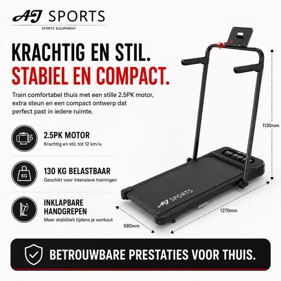 Zwarte, compacte AJ-Sports loopband met inklapbare handgrepen, 2.5PK motor en afmetingen van 1270x580x1130mm.