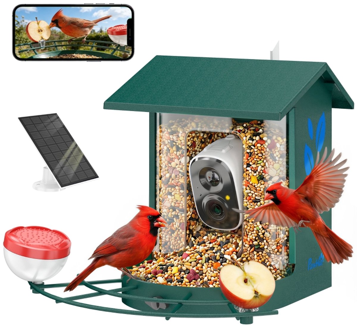 Vogelvoederhuis‑met‑2k‑camera‑zonne‑energie‑2,5l‑142°‑ia‑herkenning‑16000+‑app‑ip65‑32gb‑sd‑30x34,5x26,3cm‑groen