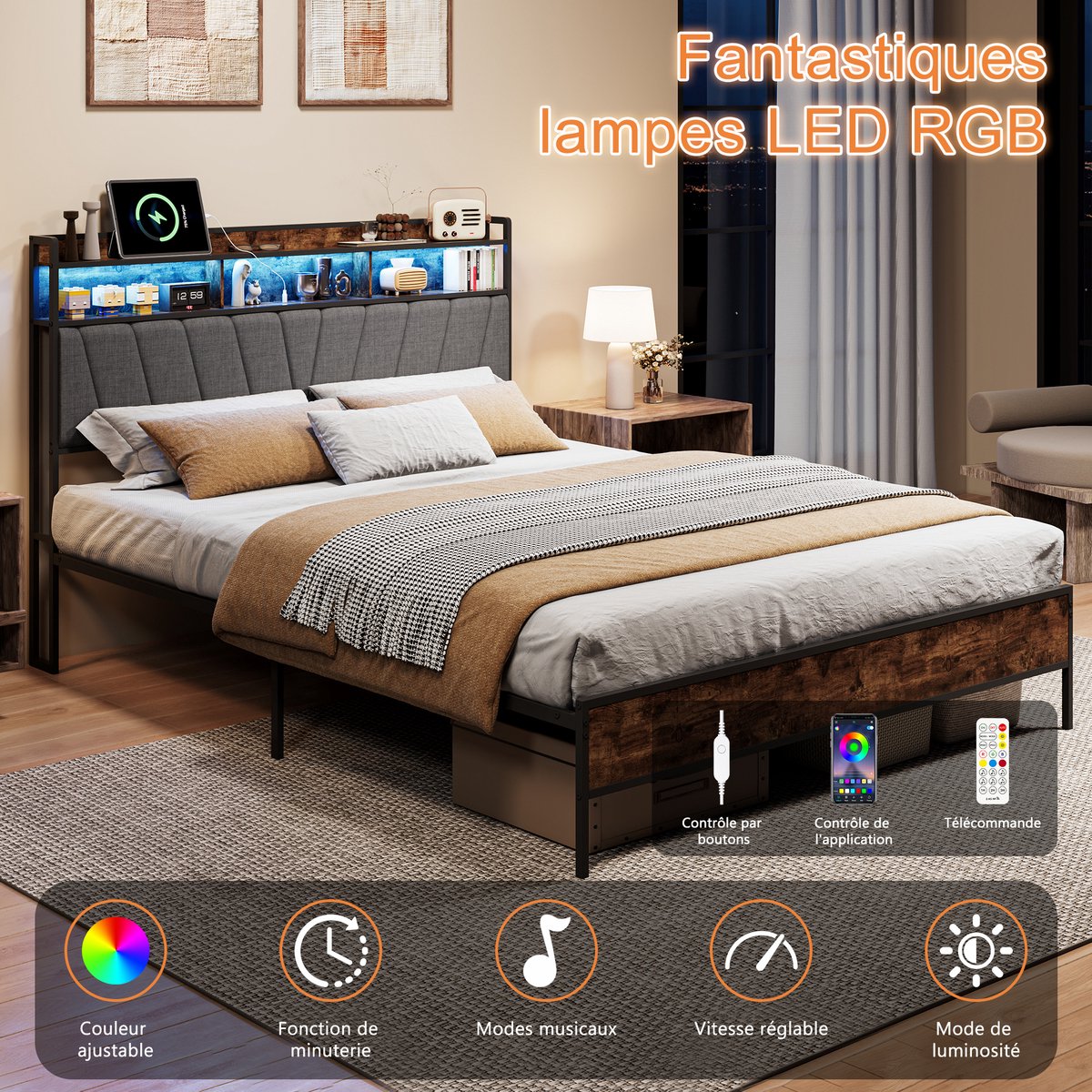 Gestoffeerd Bed- 140x200 cm - LED Hoofdbord met Opbergruimte en USB Type-C - Tweepersoonsbed voor Slaapkamer - Metaal - Zonder Matras