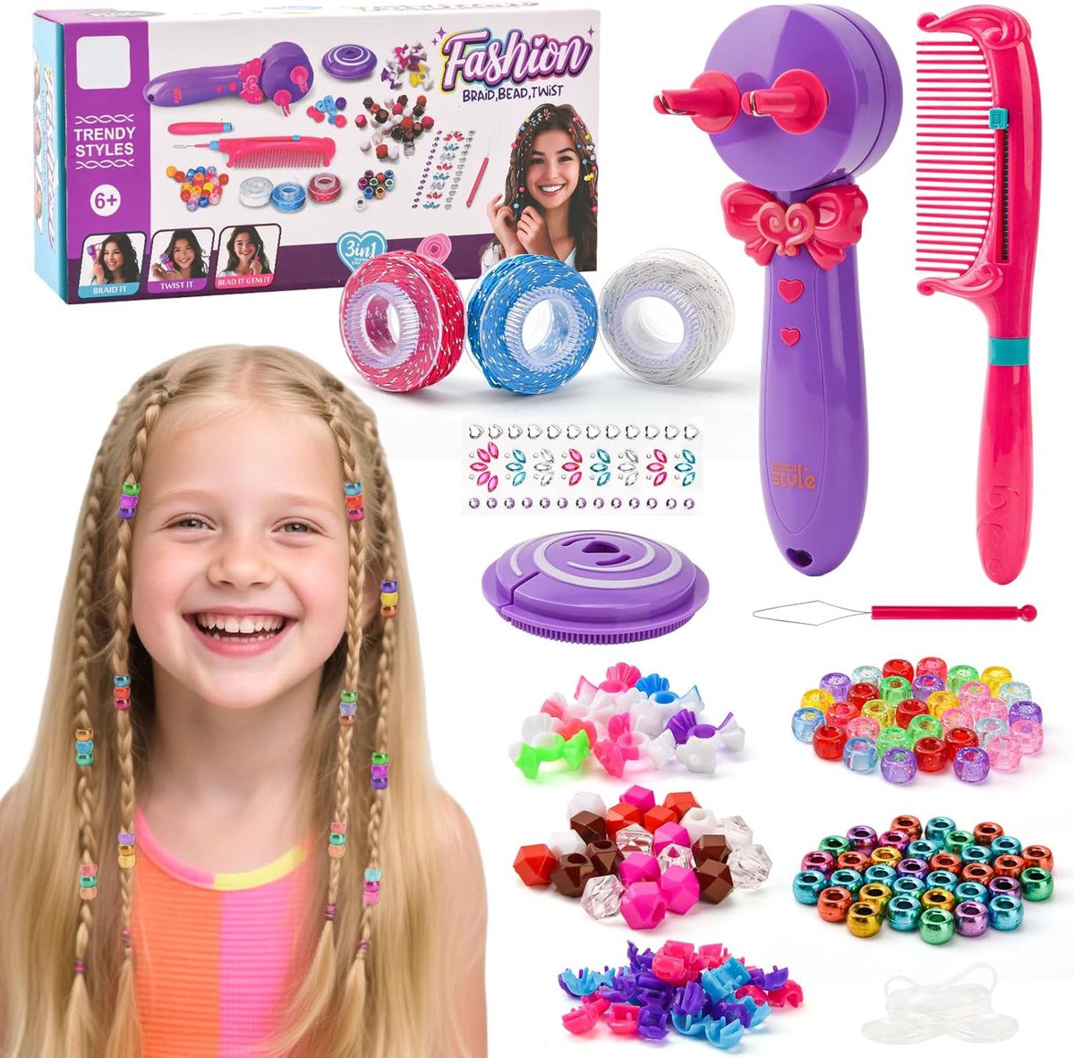 3-in-1 automatische haarvlechtmachine, automatische haarvlechter met doe-het-zelf-accessoires, creatieve haardecoraties voor kinderen, haaraccessoires voor meisjes, speelgoed, cadeau voor