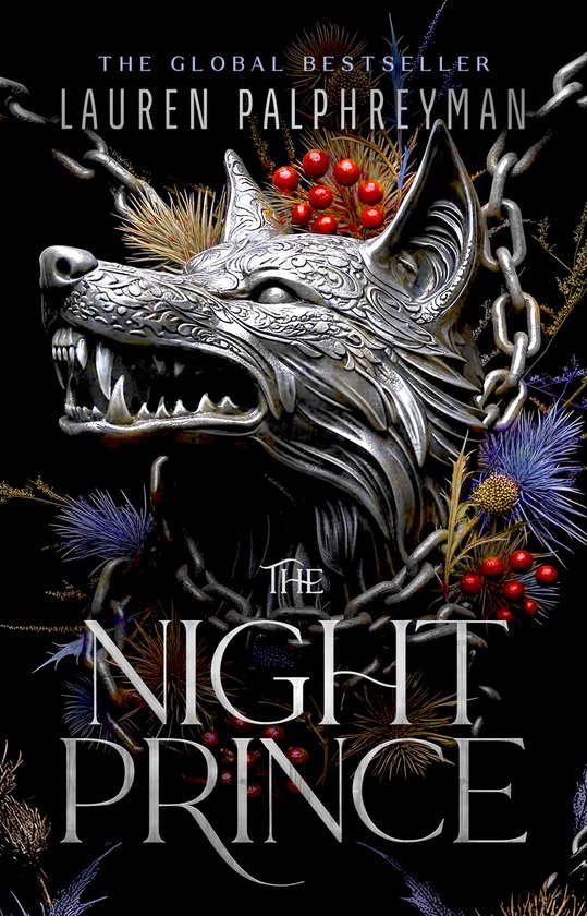 Couverture de livre avec une tête de loup argentée ornée de chaînes, de baies et de chardons.